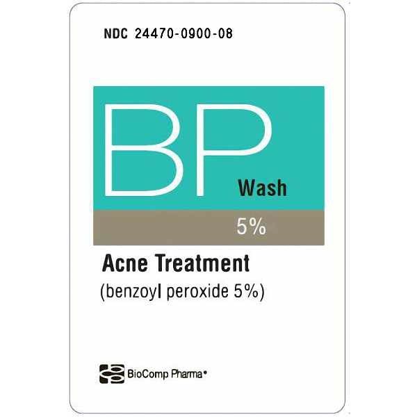 Biocomp Pharma Benzoyl Peroxide Wash 5% body wash in 8 oz bottle by Pasteur Pharmacy, for acne treatment and skin cleansing.