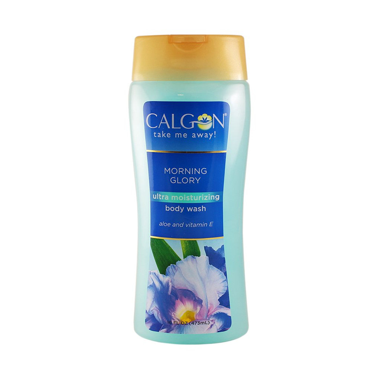 Calgon Morning Glory shower bath gel by Pasteur Pharmacy, 16 oz bottle with floral label and clear body wash liquid inside.