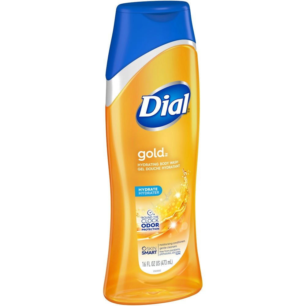 Dial Gold Body Wash in a 16 fl oz bottle, featuring a sleek gold label and clear bottle showcasing the body wash inside.
