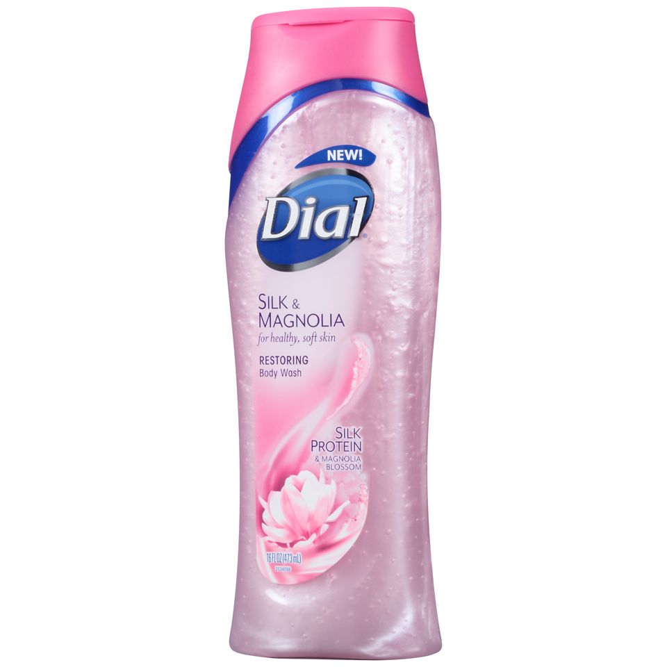 Dial Body Wash with Silk & Magnolia scent in a 16 fl oz bottle, featuring a clear container and elegant design.