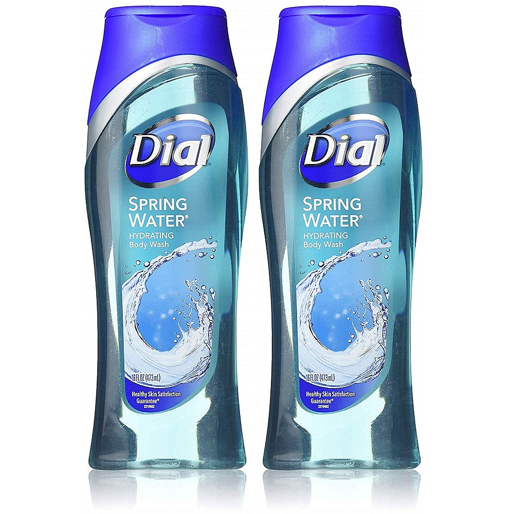 Dial Body Wash with Spring Water scent in a 16 fl oz bottle, featuring clear liquid and a simple pump dispenser.