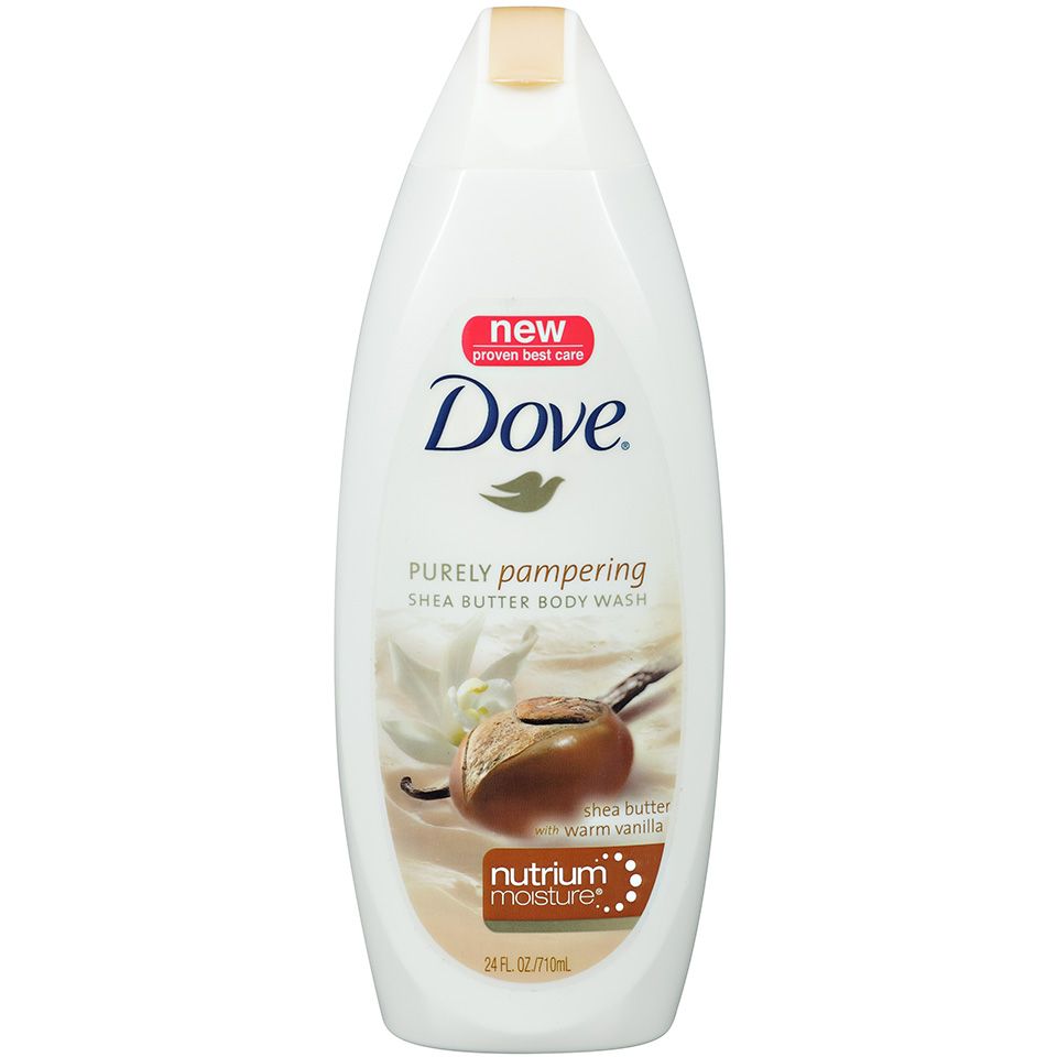 Dove Purely Pampering Shea Butter Warm Vanilla Body Wash in 24 oz bottle with creamy texture and vanilla scent.