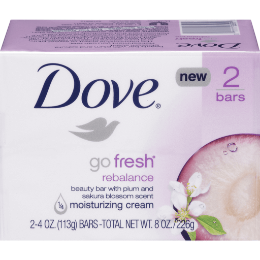 Dove Go Fresh Rebalance Body Wash bars in a 2-pack, natural scent, moisturizing and refreshing for healthy skin.
