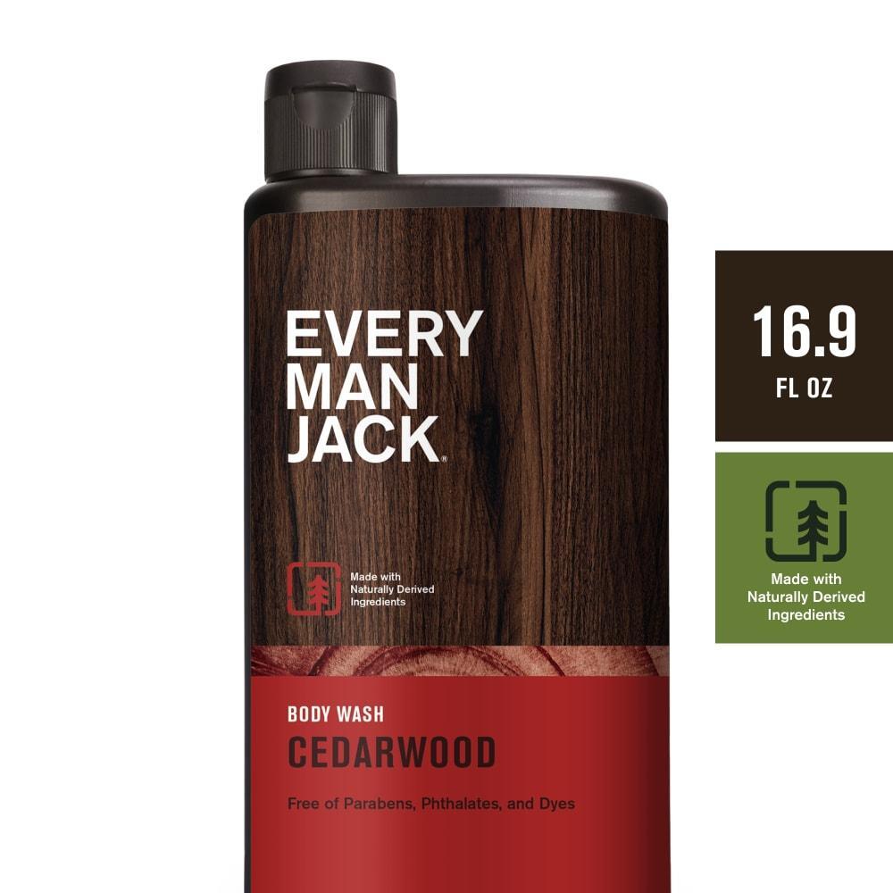 Every Man Jack Cedarwood Body Wash and Shower Gel in a 16.9 oz bottle, natural scent with clear, foaming gel visible.