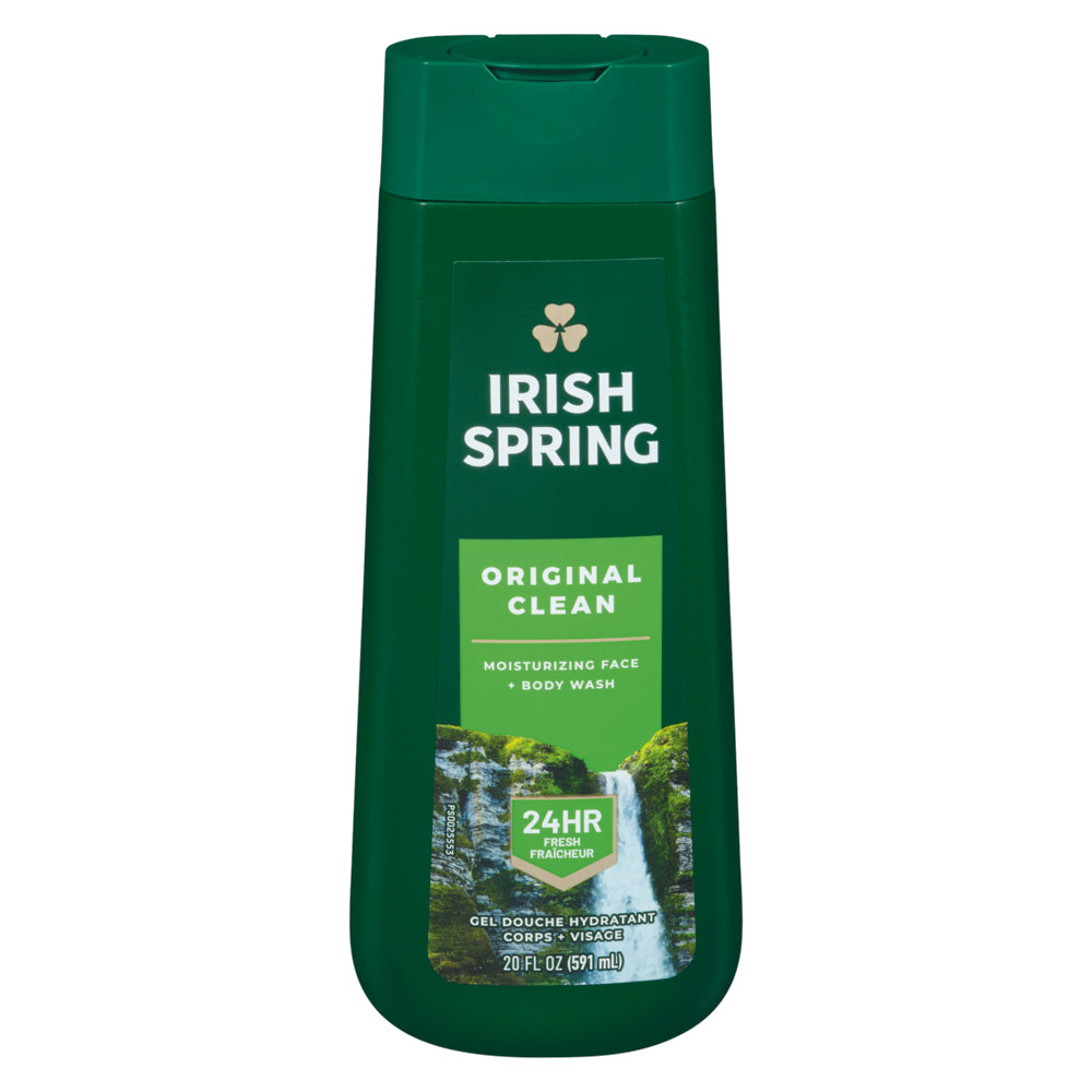 Irish Spring Original Clean Body Wash for Men in a 20 Fl Oz bottle, featuring fresh scent and hydrating formula.