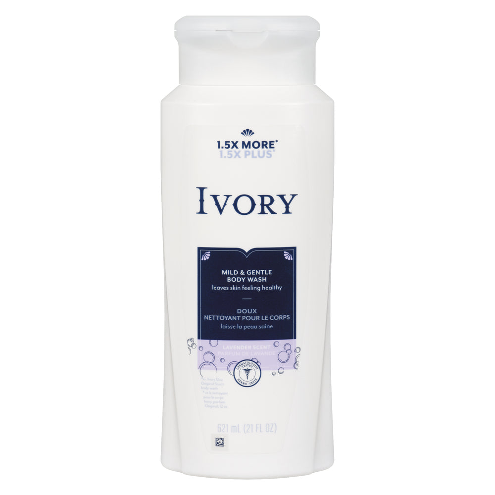 Ivory Mild & Gentle Body Wash with lavender scent in a 21 oz bottle from Pasteur Pharmacy, showing the bottle and lavender flowers.