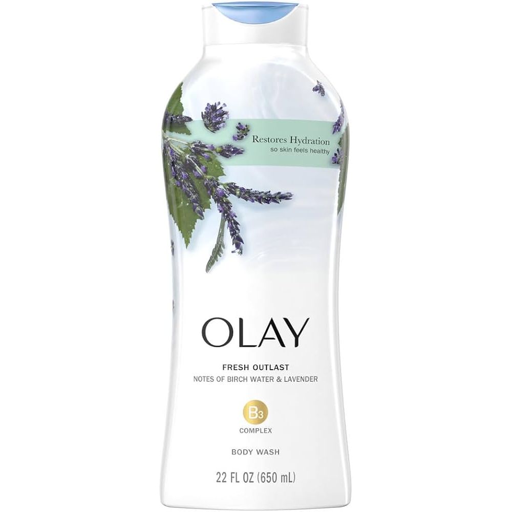Olay Body Wash with Birch Water and Lavender in a 22 oz bottle, moisturizing and refreshing for skin care.