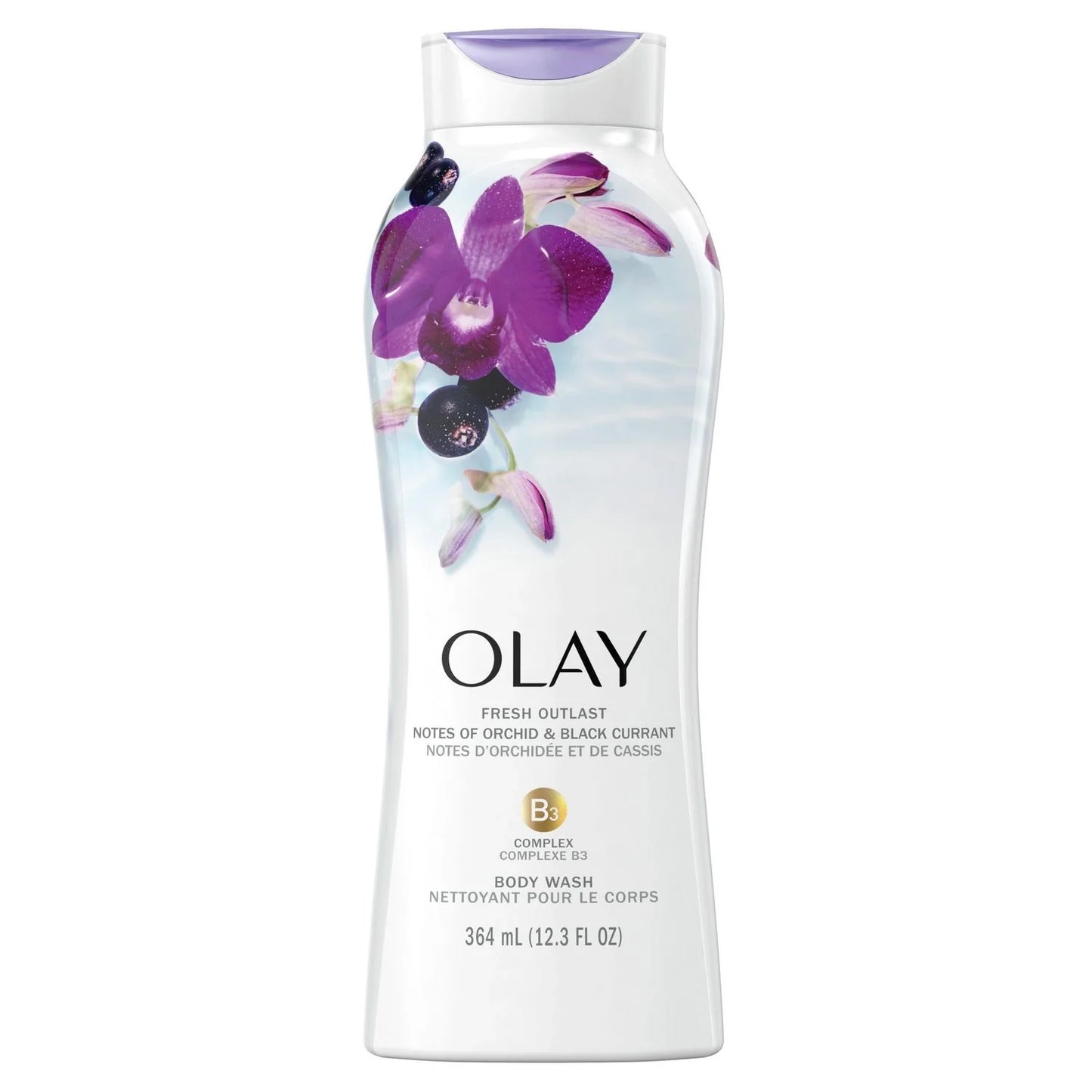 Olay Fresh Outlast Orchid & Black Currant Body Wash in a clear bottle with a purple cap, showcasing the product label.