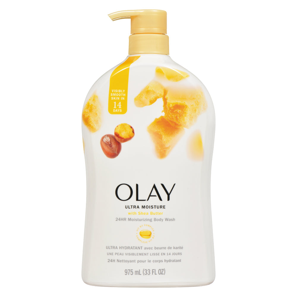 Olay Ultra Moisture Shea Butter Body Wash in a 30 oz pump bottle, featuring creamy texture and moisturizing formula.
