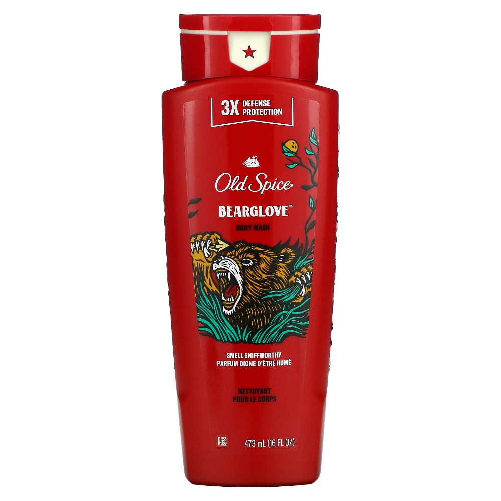 Old Spice Wild Collection Bearglove scent body wash in a 16 fl oz bottle, featuring a bold design and fresh, fruity fragrance.