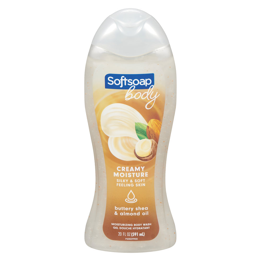 Softsoap moisturizing body wash with shea butter and almond oil in a 20 fl oz bottle, designed for gentle, hydrating cleansing.