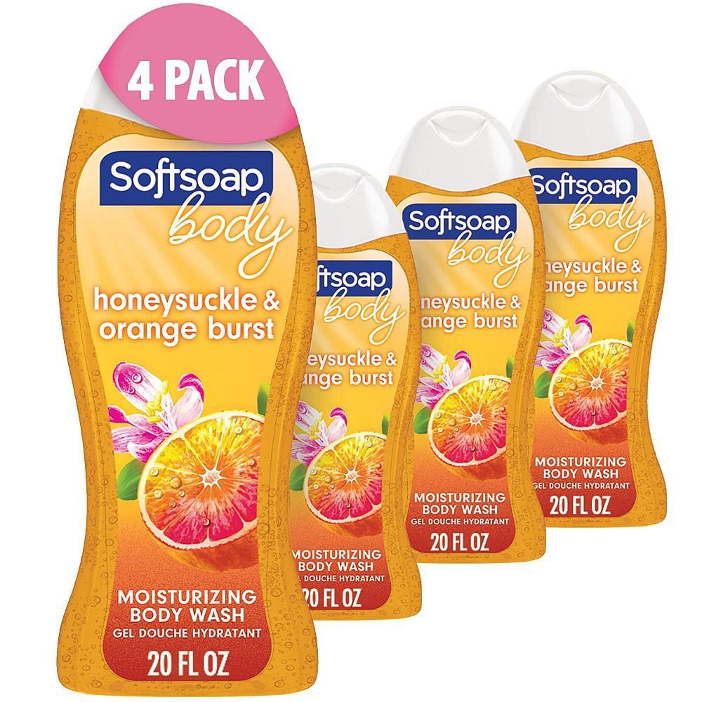 Softsoap moisturizing body wash with honeysuckle and orange burst scent in a 20 fl oz bottle, shown in the image.