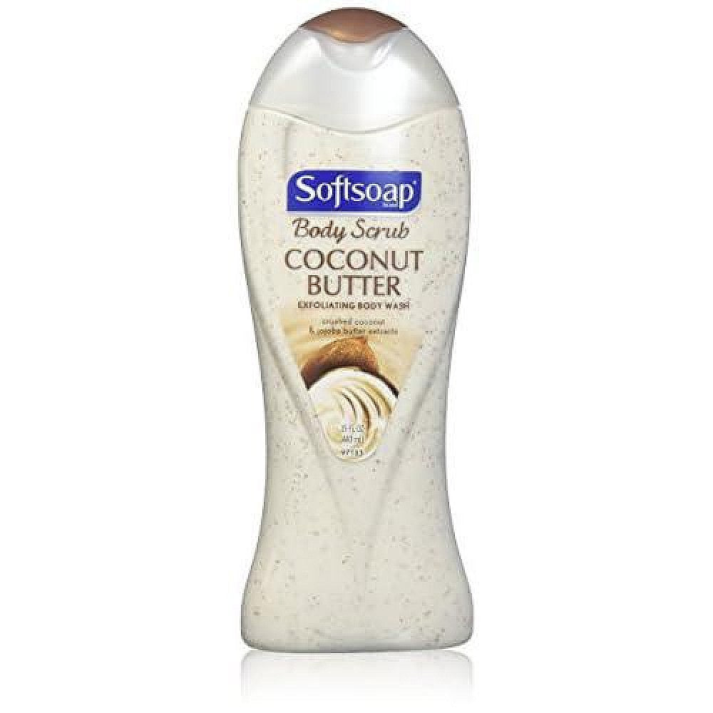 Softsoap Coconut Butter Scrub Body Wash in a clear bottle with a white cap, showing the product label and creamy texture.