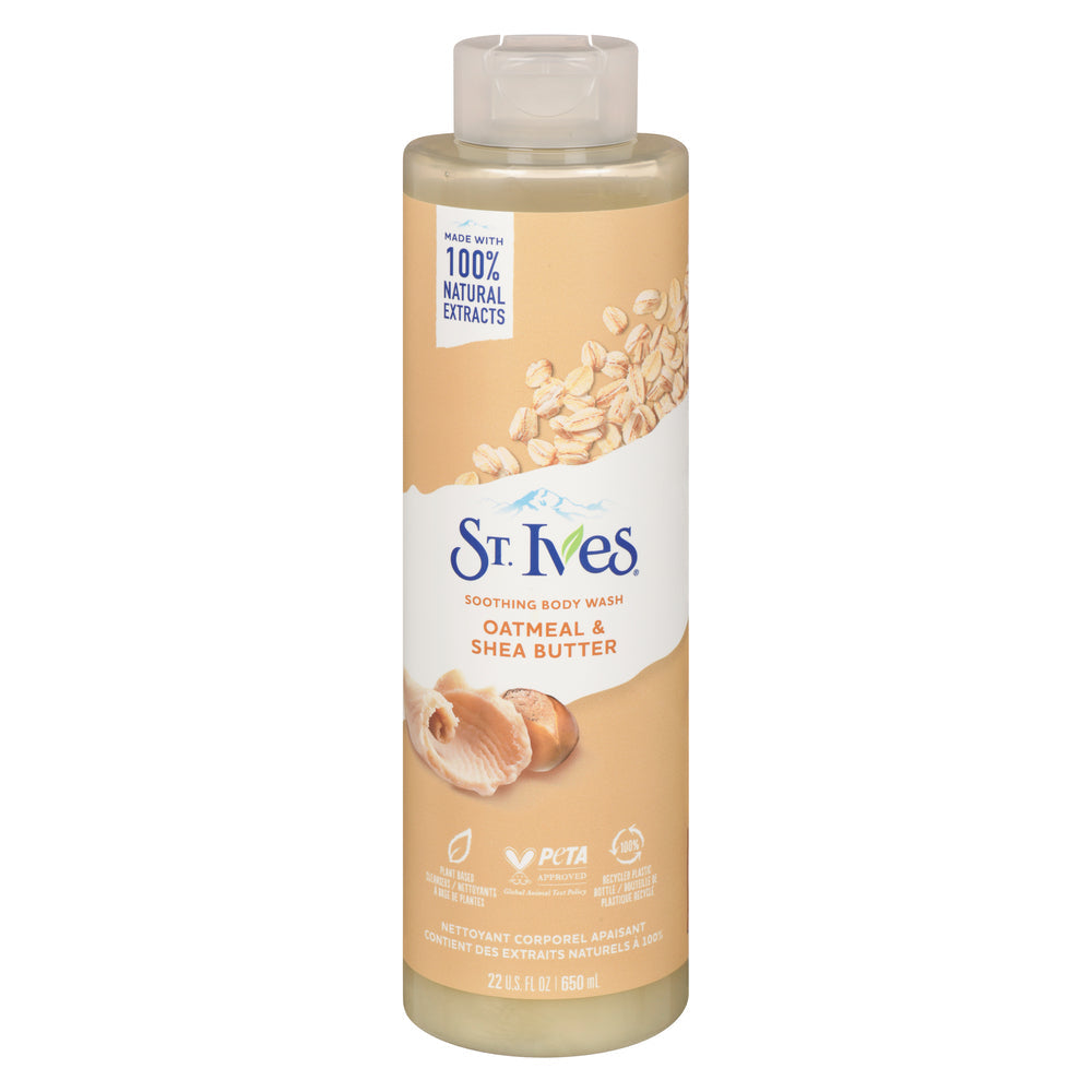 St. Ives Soothing Body Wash with oatmeal and shea butter in a 22 fl oz bottle, gentle cleansing for smooth skin
