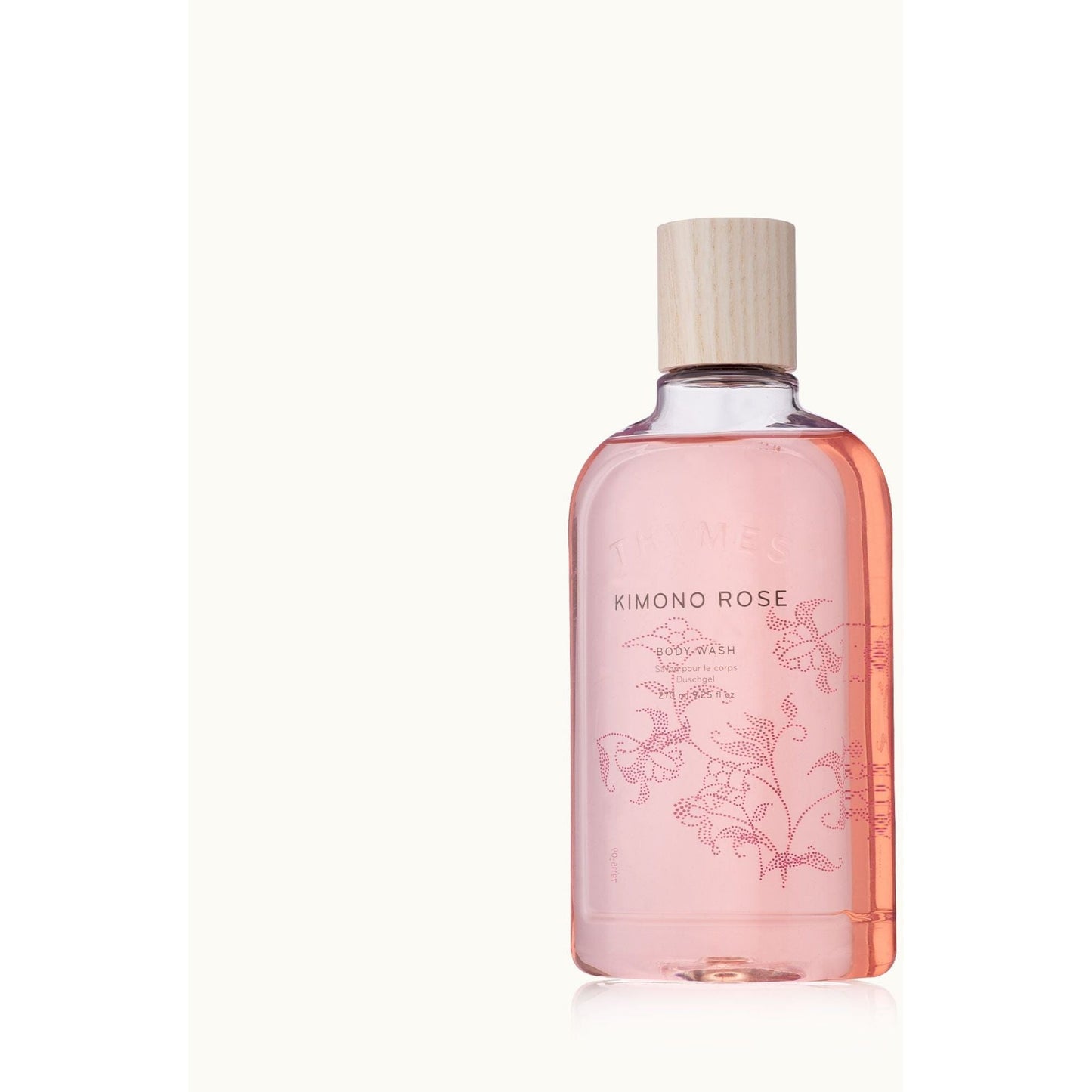 Thymes Kimono Rose Body Wash in 9.25 oz bottle, featuring floral rose scent and gentle cleansing formula.