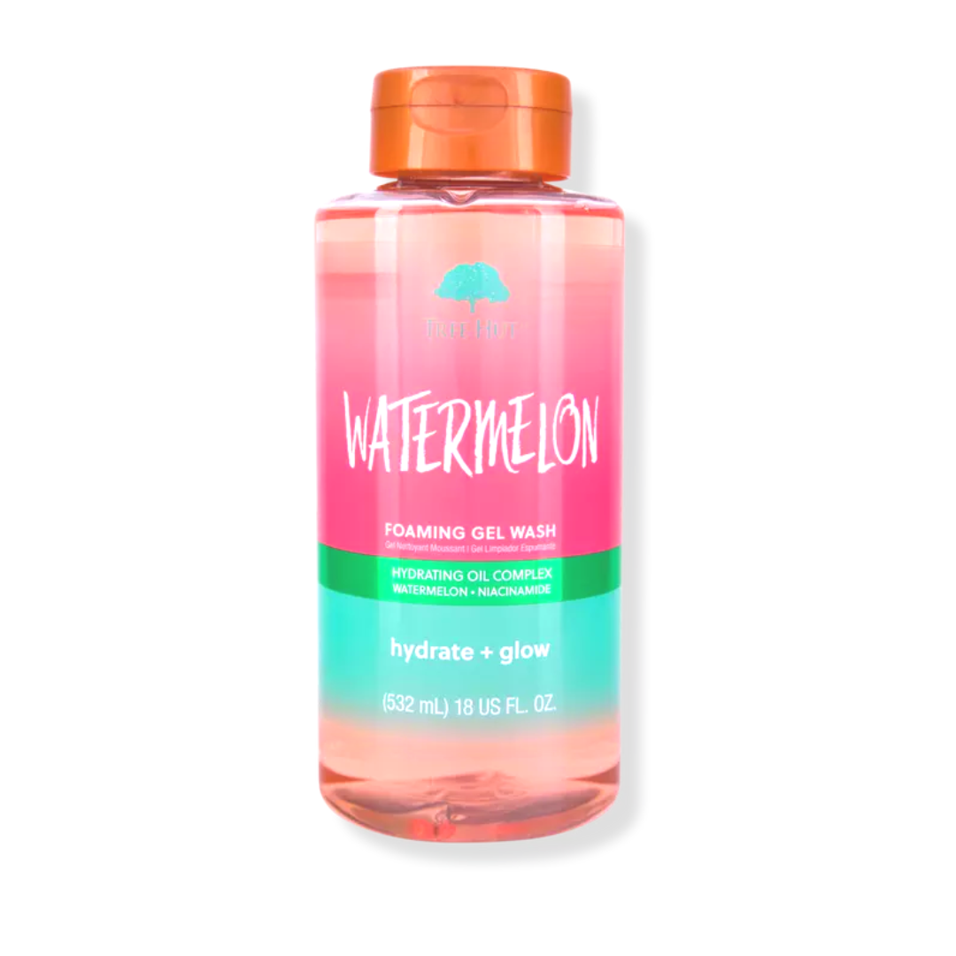 Tree Hut Watermelon Foaming Gel Body Wash in 18 oz bottle, with fresh watermelon scent and gentle cleansing formula.
