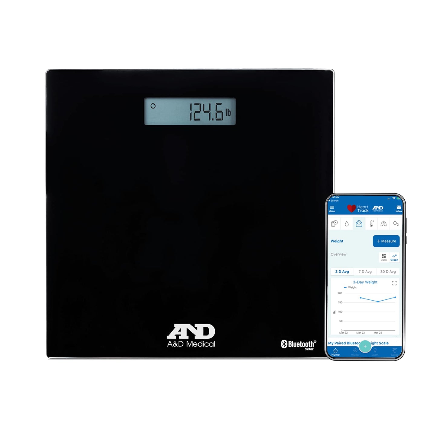 A&D Medical Deluxe Connected Body Weight Scale showing digital display and sleek design for accurate weight measurement.