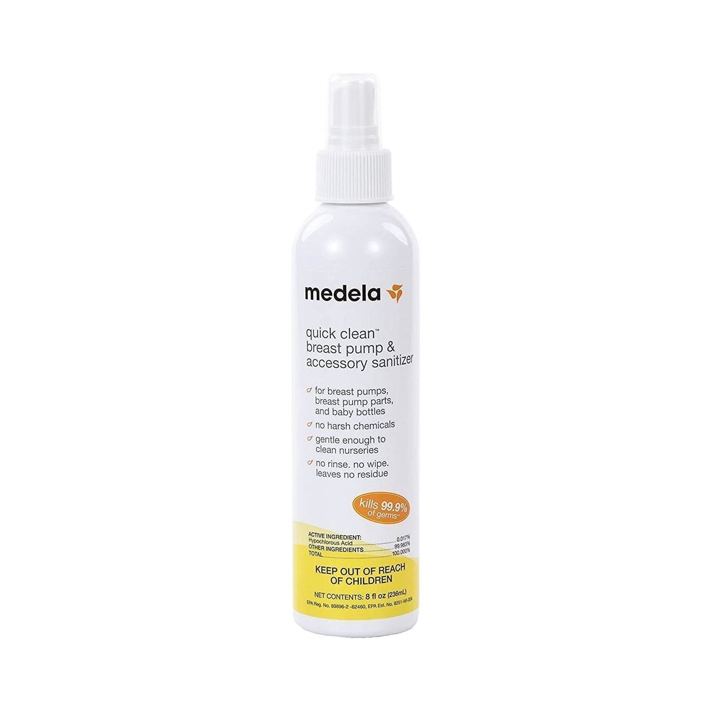 Medela Quick Clean Breast Pump & Accessory Sanitizer Spray in 8oz bottle, effective for sterilizing breast pump parts.