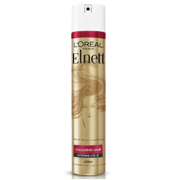 L'Oreal Paris Elnett Volume Flat Hair Strong Hold Hair Spray 400ml in aerosol can with clear label and cap.