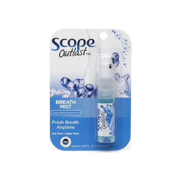 Scope Crest Breath Mist Blue Peppermint spray from Pasteur Pharmacy, 0.24 oz, fresh peppermint flavor, compact breath spray for freshening.