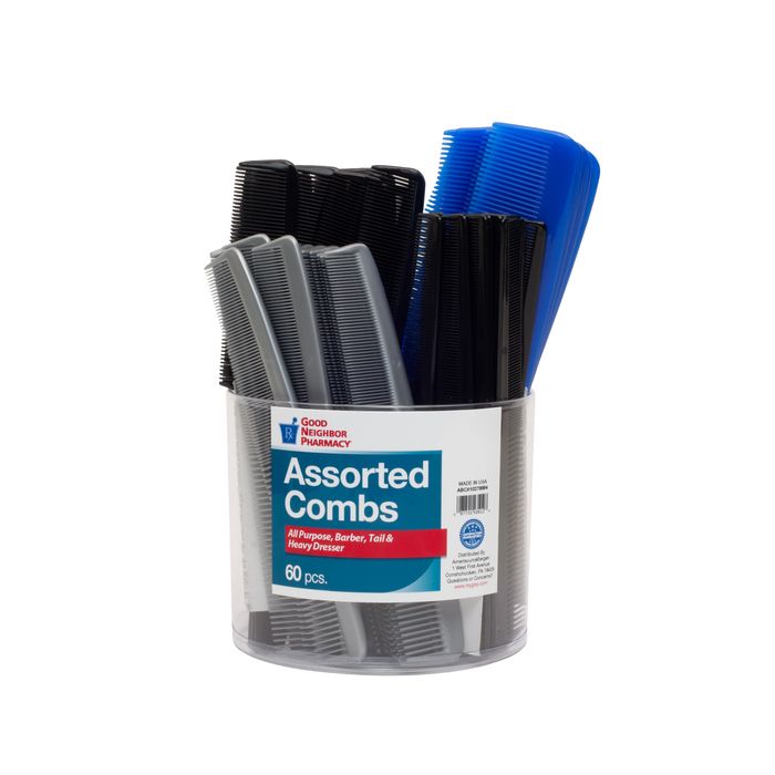 Assorted combs in a bucket from Pasteur Pharmacy, featuring a variety of hair combs for personal grooming, 60-count package.