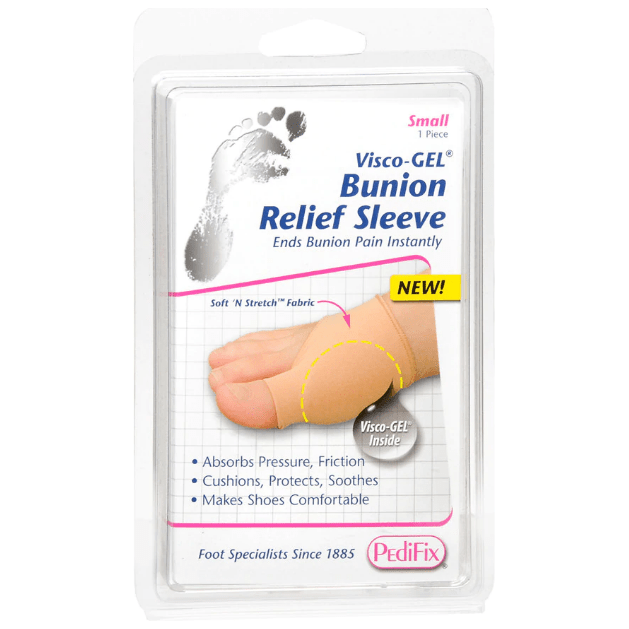 Small PediFix Visco-Gel Bunion Relief Sleeve from Pasteur Pharmacy showing a soft, gel-lined bunion support for comfort.