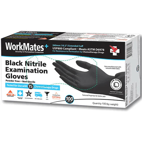 Black Workmates nitrile gloves in medium size, 100-count pack, suitable for industrial and business use by Pasteur Pharmacy.