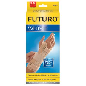 FUTURO Deluxe Wrist Stabilizer for left hand, small/medium size, providing maximum support for wrist stabilization.