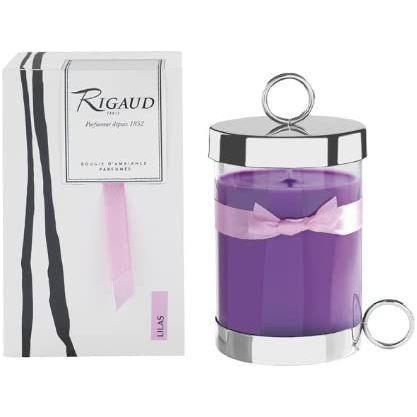 Large Rigaud Lilas candle by Pasteur Pharmacy, featuring a sleek glass container with a lavender-scented candle inside.