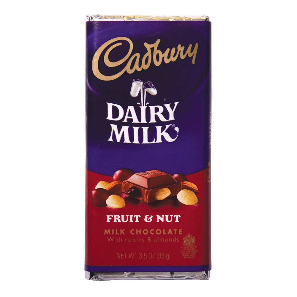 Cadbury Fruit and Nut Milk Chocolate bar, 3.5 oz, featuring creamy milk chocolate with fruit and nut pieces.
