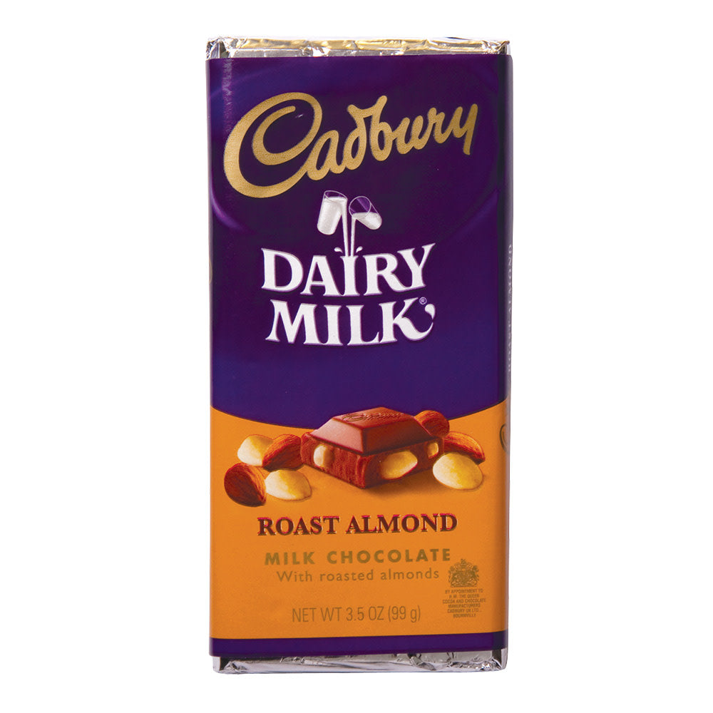 Cadbury Roast Almond Milk Chocolate bar, 3.5 oz, showing smooth milk chocolate with roasted almond pieces.