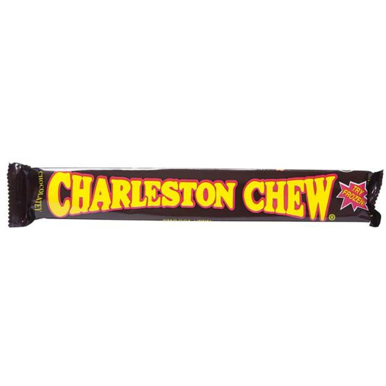 Chocolate Charleston Chew candy bar from Pasteur Pharmacy, showing the classic chocolate coating and chewy interior.