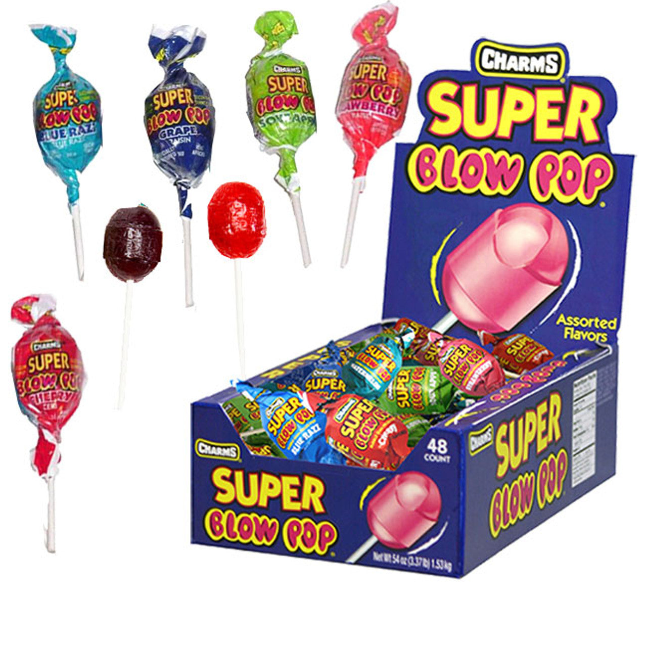 Box of Charms Super Blow Pops with 48 assorted flavored lollipops from Pasteur Pharmacy, colorful and individually wrapped.
