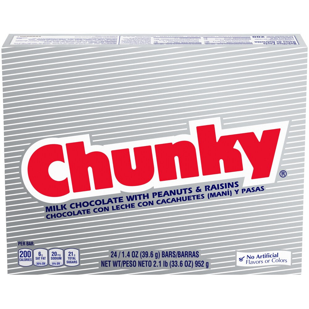 Assorted Chunky Candy Bars in wrappers, 24-pack, 1.4 oz each, from Pasteur Pharmacy, featuring rich chocolate and candy treats.