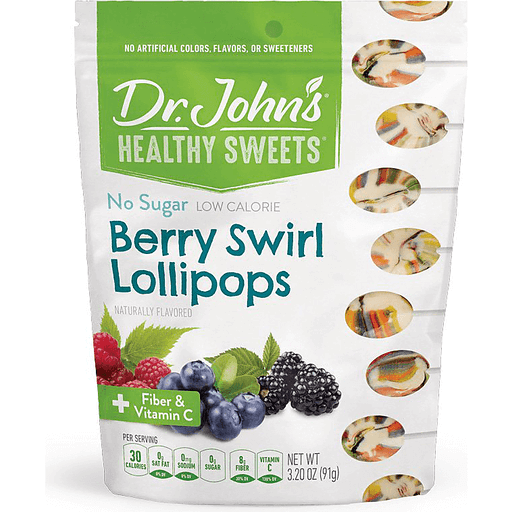 Dr. John's Berry Swirl Sugar-Free Lollipop from Pasteur Pharmacy, colorful berry-flavored candy with a swirl design.
