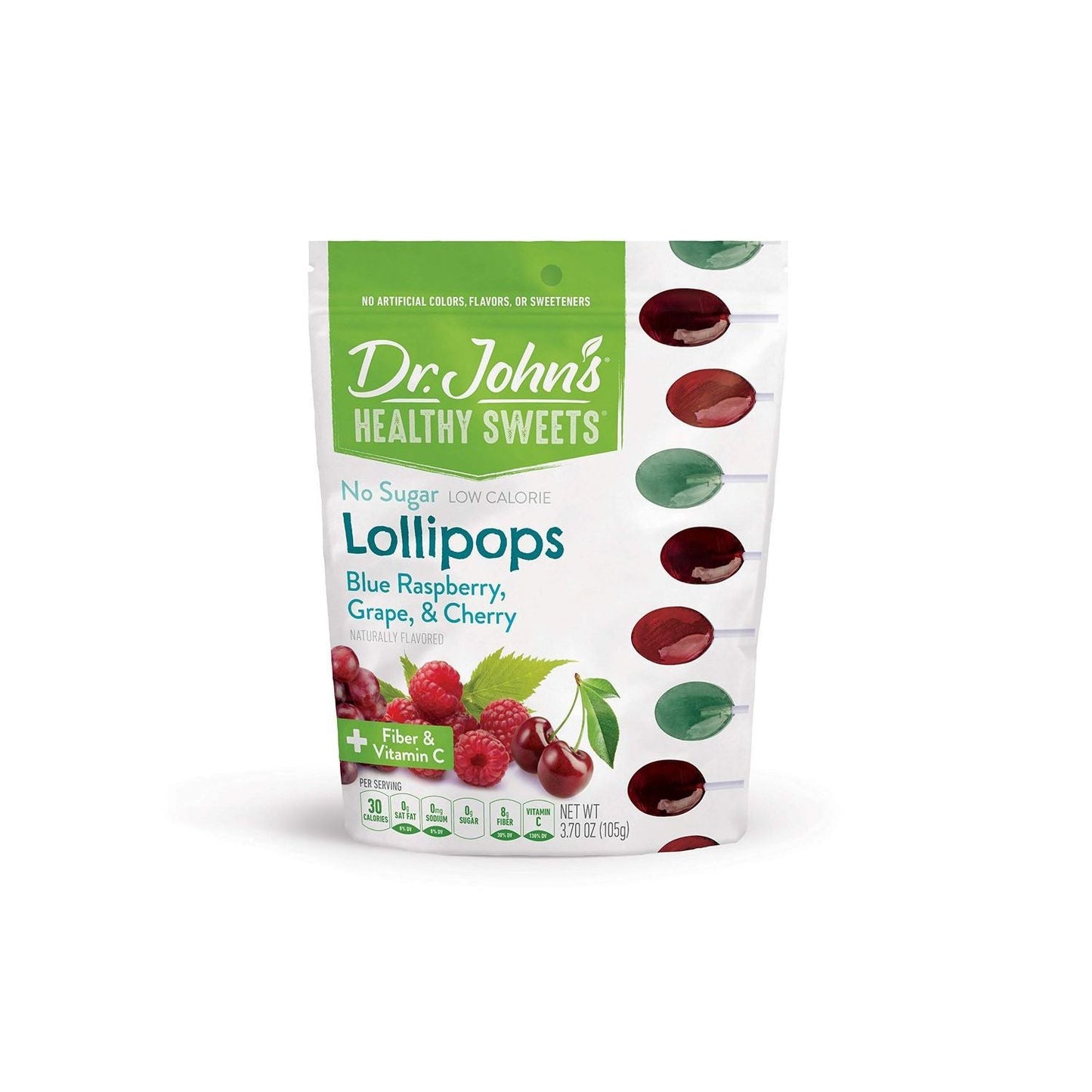 Blue raspberry sugar-free lollipops from Dr. John's Healthy Sweets in 3.7 oz package, colorful candy on the wrapper.