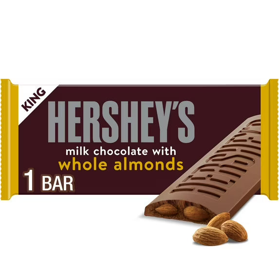 Hershey's Milk Chocolate with Whole Almonds King Size Candy Bar, 2.6 oz, featuring a chocolate bar with almonds on the packaging