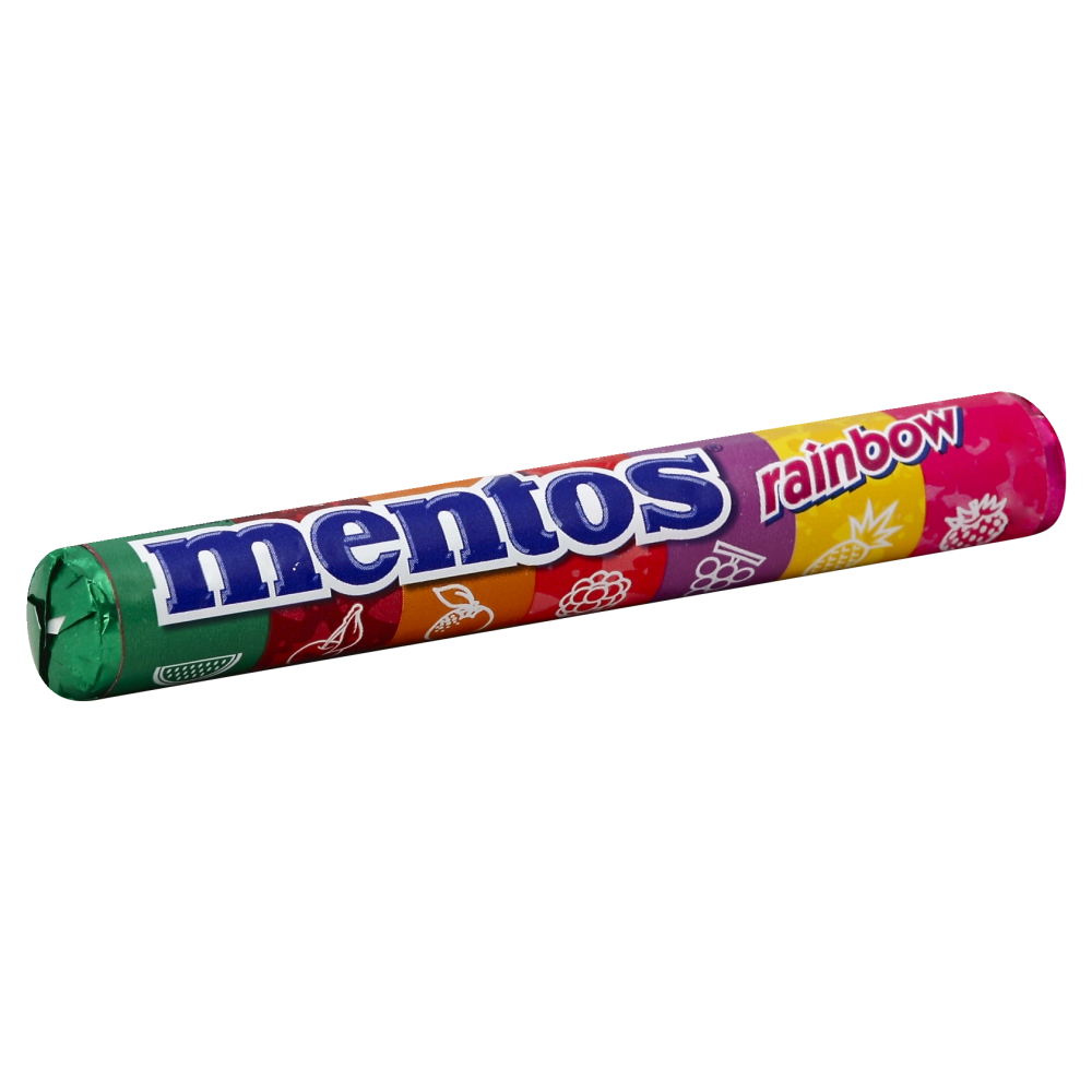 Mentos Chewy Mint Candy Roll in rainbow flavor, 14 pieces, showing colorful cylindrical candies from Pasteur Pharmacy.