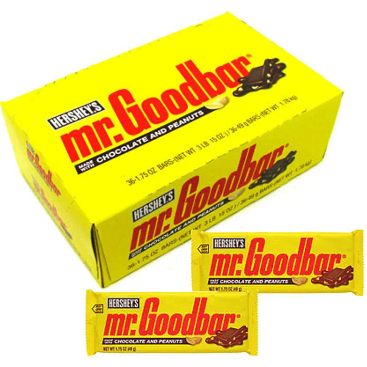 Box of 36 Mr. Goodbar candy bars from Pasteur Pharmacy, 1.75oz each, featuring chocolate and peanut nougat.