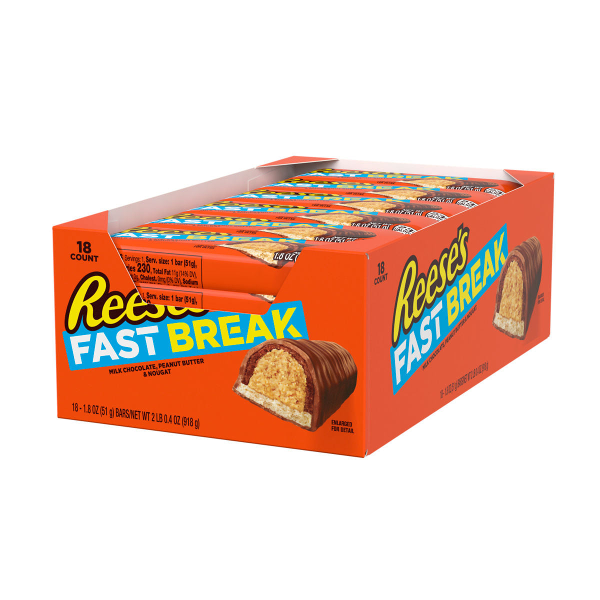 Reese's Fast Break milk chocolate peanut butter and nougat candy bars, 18-pack, in original packaging.