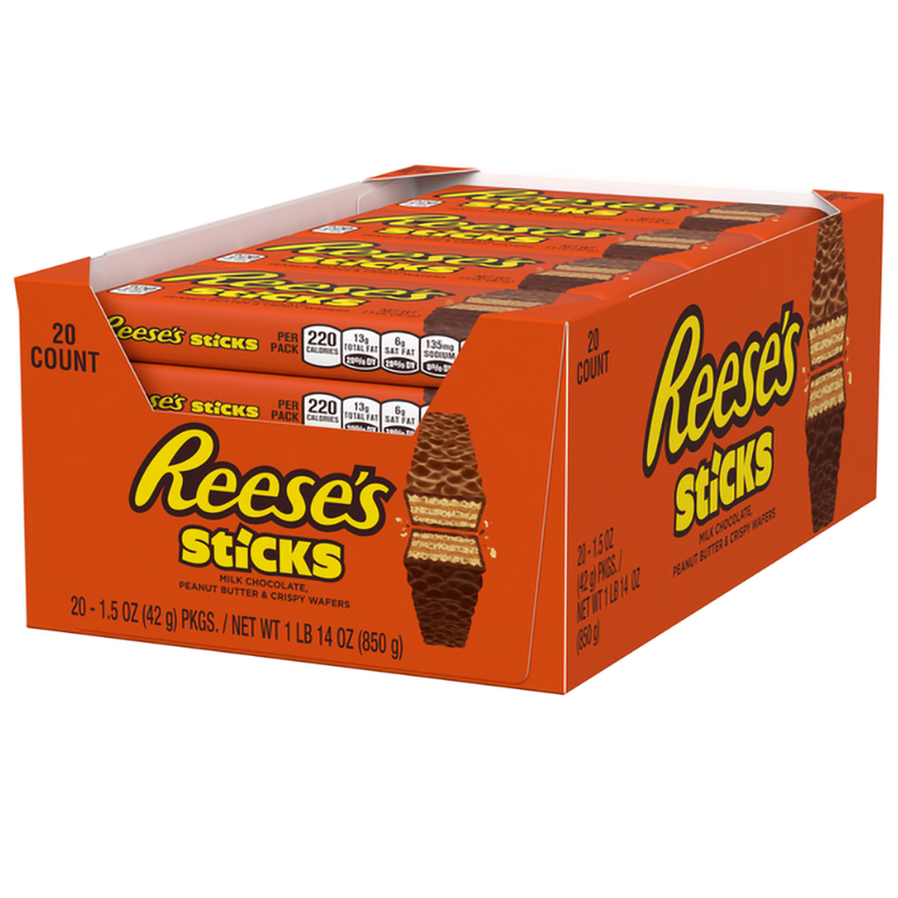 Reese's Sticks Milk Chocolate Peanut Butter Wafer Candy Bars, 1.5 oz, 20-pack, chocolate and peanut butter snack bars.
