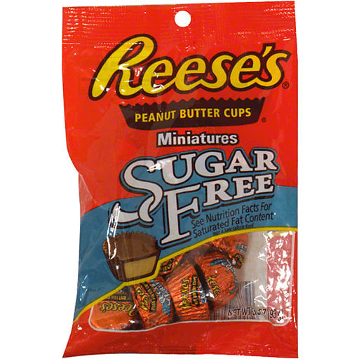 Reese's Sugar Free Peanut Butter Cups in a 12-count bag, chocolate candies with peanut butter filling, by Pasteur Pharmacy.