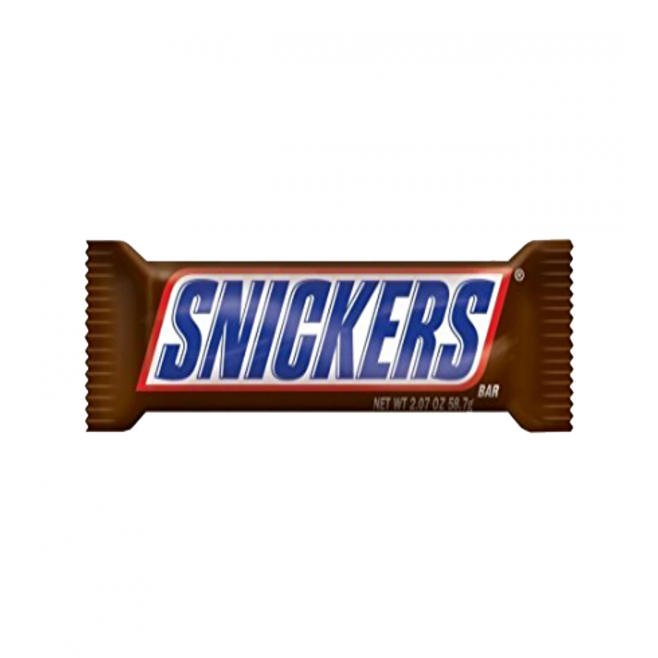 Snickers full-size milk chocolate candy bar, 1.86 oz, showing the chocolate-coated nougat bar with caramel and peanuts.