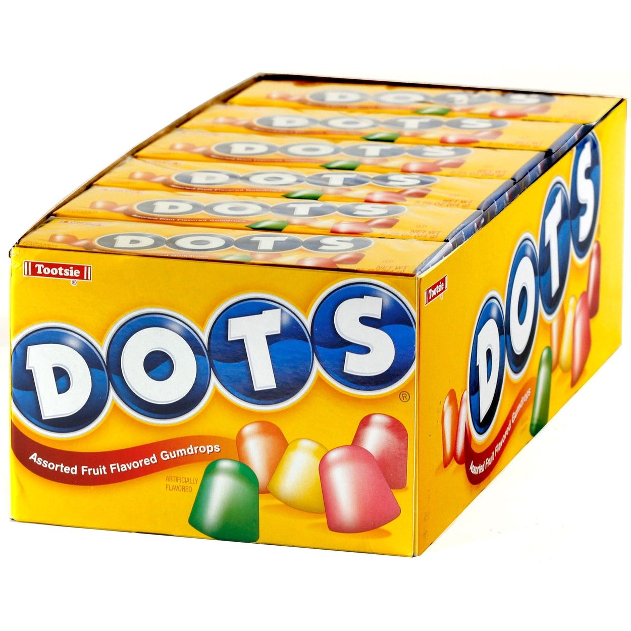 Tootsie Original Dots Candy box in 2.25 oz package, colorful chewy fruit-flavored candies from Pasteur Pharmacy.
