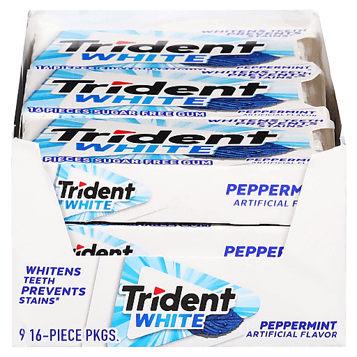 Trident White chewing gum in 9x16 pack, Pasteur Pharmacy candy and chocolate product with white gum pieces in a clear wrapper