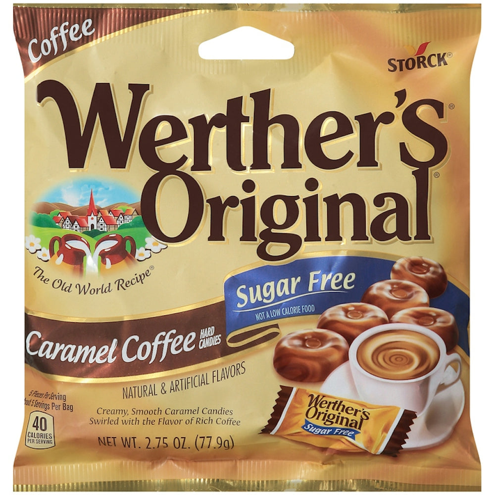 Werther's Original Sugar-Free Caramel Coffee Hard Candies in 2.75 oz package, showing individually wrapped candies.