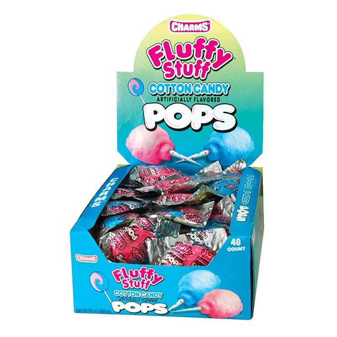 Charms Fluffy Stuff CC Pops candy in a 48-count box, colorful lollipop candies from Pasteur Pharmacy.