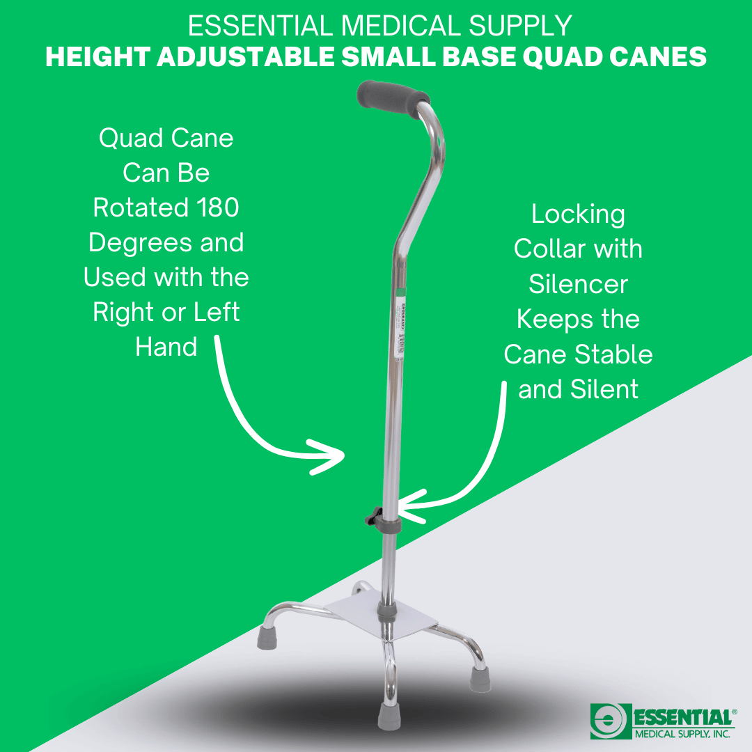 Silver Essential Medical Supply Endurance Small Base Quad Cane with four-point support for stability and walking assistance.