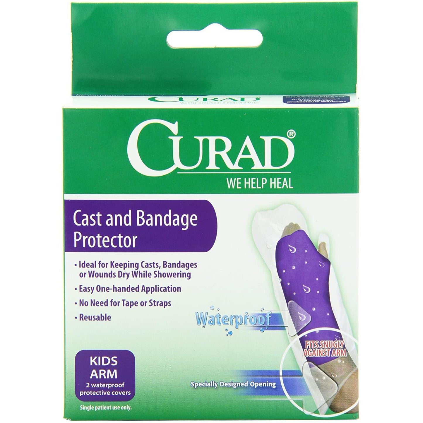 Kids' waterproof cast and bandage protector by Curad, designed to keep arms dry, shown in a 2-pack.