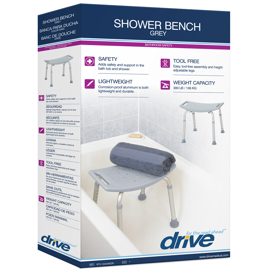Gray Drive Medical bathroom safety shower tub bench chair with sturdy seat and armrests for secure, comfortable bathing support.